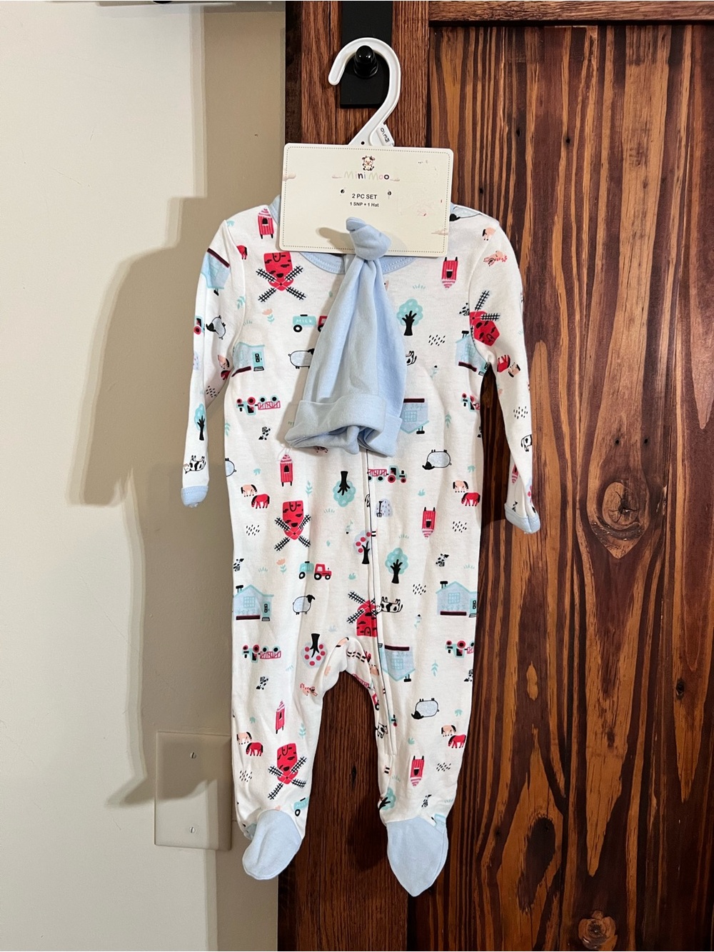 NWT Baby Cozy Footed One-Piece in White with Blue Accents farm